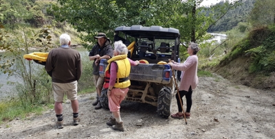 After an exhilarating jet boat ride, from left, John, Dan, Diny and Kay.