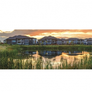 A row of homes in Oak Bluff, Man., is reflected in a naturalised storm water system constructed by DUC’s Native Plant Solutions. Growing  in popularity, these wetland-like systems offer attractive, sustainable green infrastructure solutions that support biodiversity and connect  residents with nature.